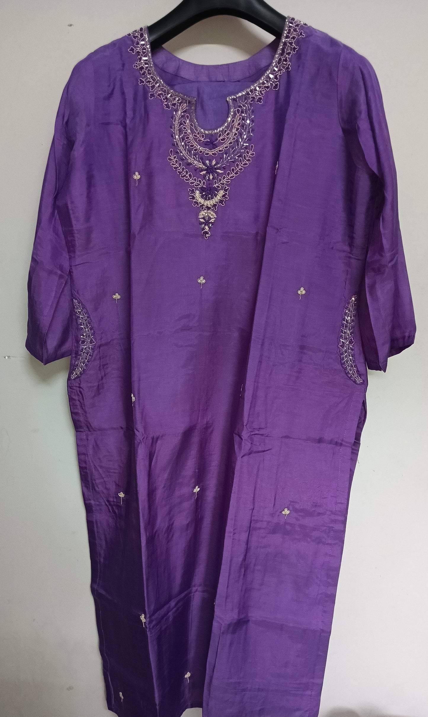 Pure Dola Silk with both sides pockets on kurta Full Jardoji cutdana Pearl Hand work on yolk and pocket 2 Piece Set
