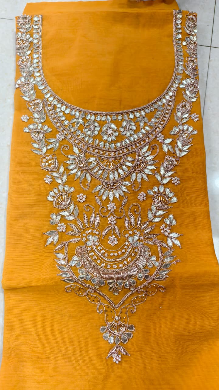 Pure original Chanderi silk hand original zardosi work kurti fabric