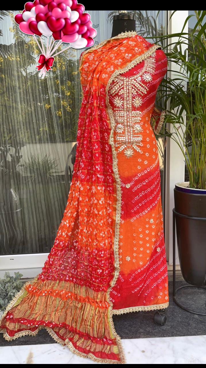 Bandhej silk Dress Materials with heavy hand goota Patti and Kundan work