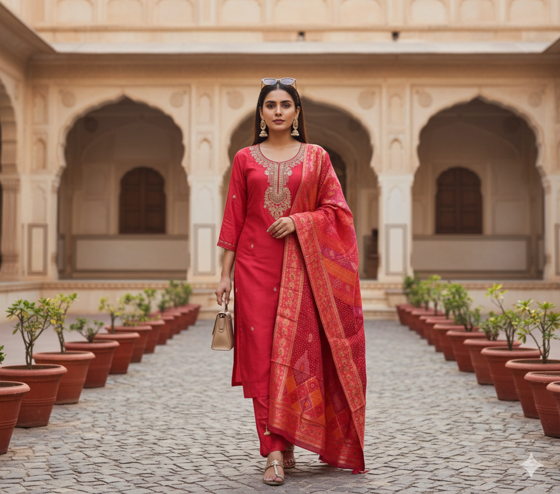 Pure Russian Silk Pittan Work 3pc Set Red Color
Size