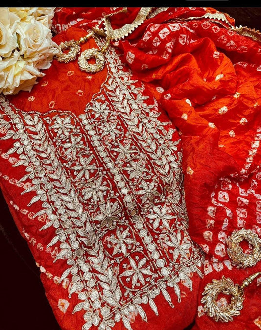 Bandhej silk Dress Materials with heavy hand goota Patti and Kundan work
