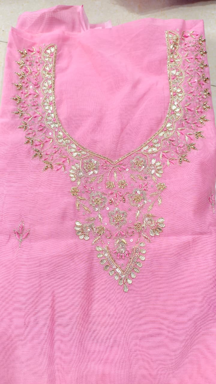 Pure original Chanderi silk hand original zardosi work kurti fabric