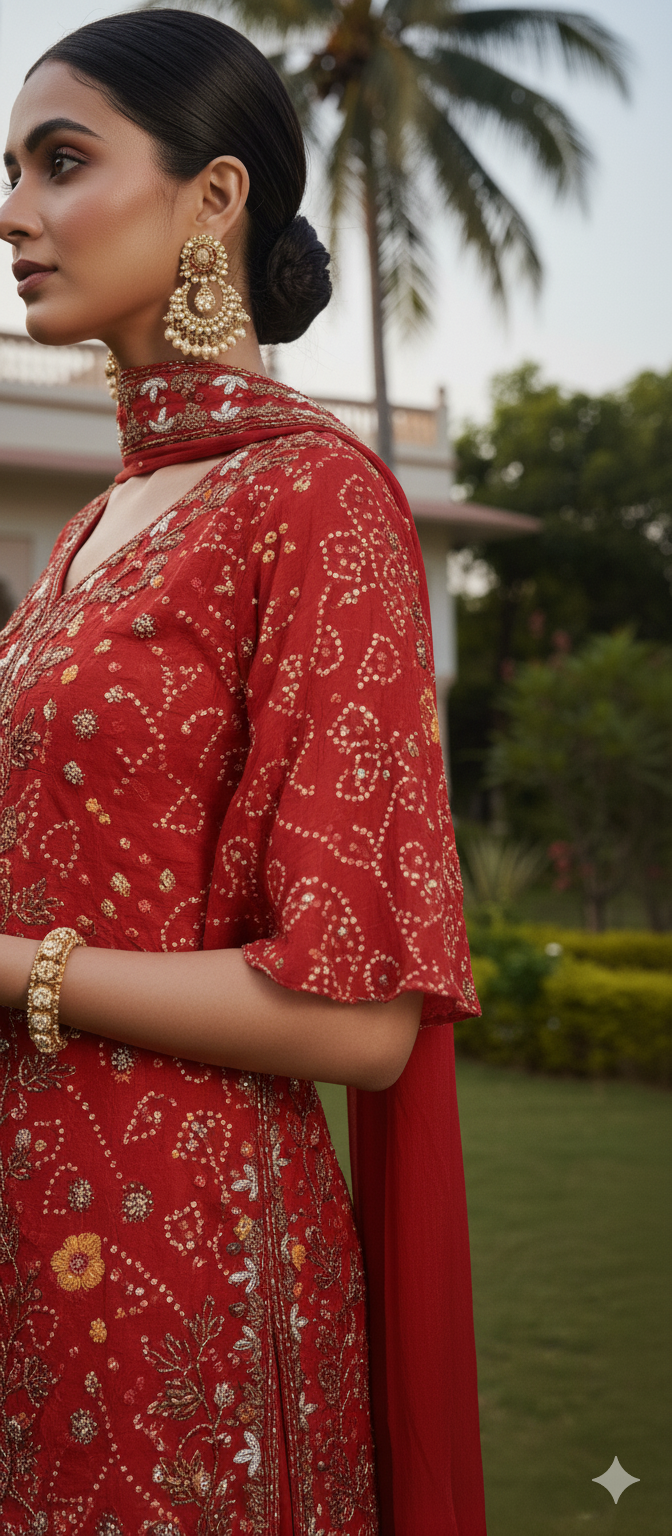 Karwa chauth Special Pure Premium Butter Chinon Premium Pearl Jardoji cutdana hand work Top Full Ghera Divider Skirt with Same work chocker Dupatta