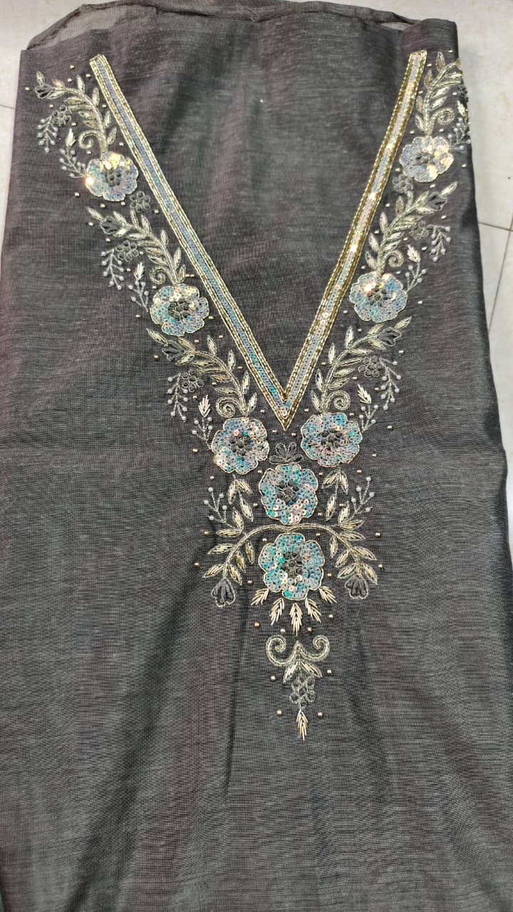 Pure original Chanderi silk hand original zardosi work kurti fabric