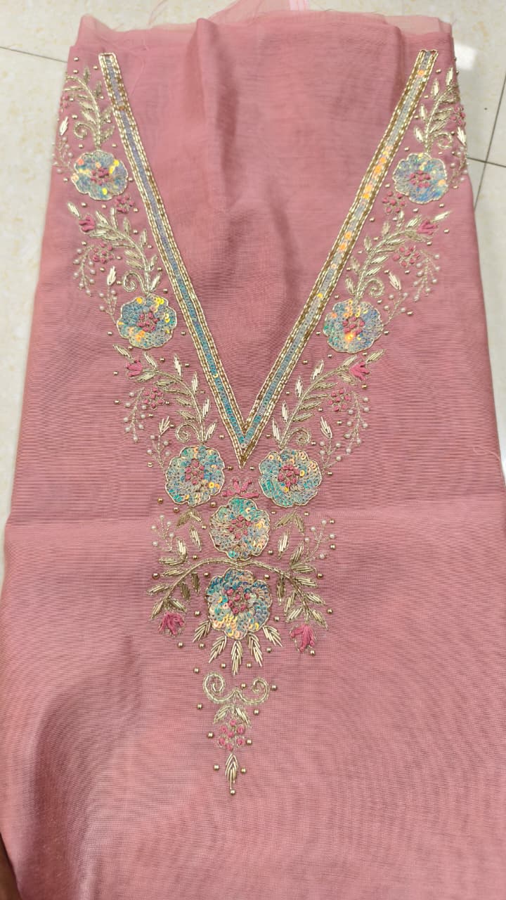 Pure original Chanderi silk hand original zardosi work kurti fabric