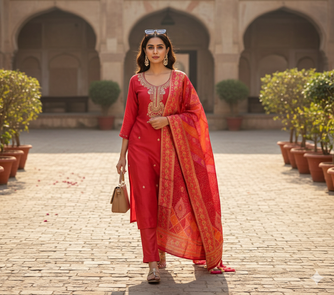 Pure Russian Silk Pittan Work 3pc Set Red Color
Size