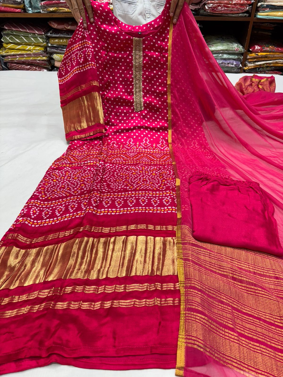 PURE Gajji SILK KURTI WITH EMBROIDERY LACE AND PANT WITH SILK DUPPATA