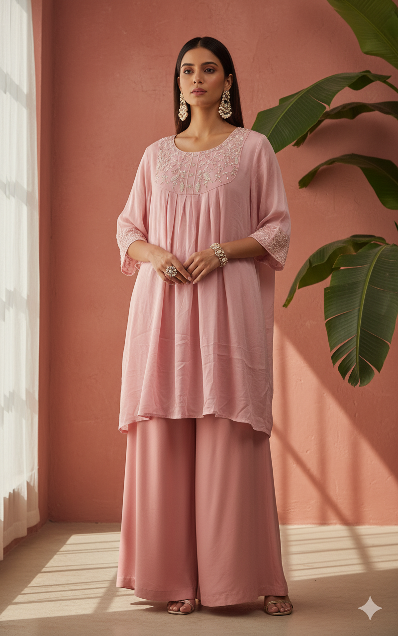 Pure Premium Butter soft Chinon Heavy fully loaded Pearl work on yolk and sleeves of top and Palazo set