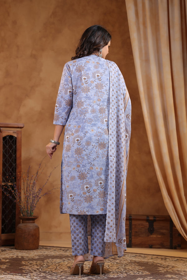 Pure Jaipuri Cotton Three Piece Suit in Lavender Colour