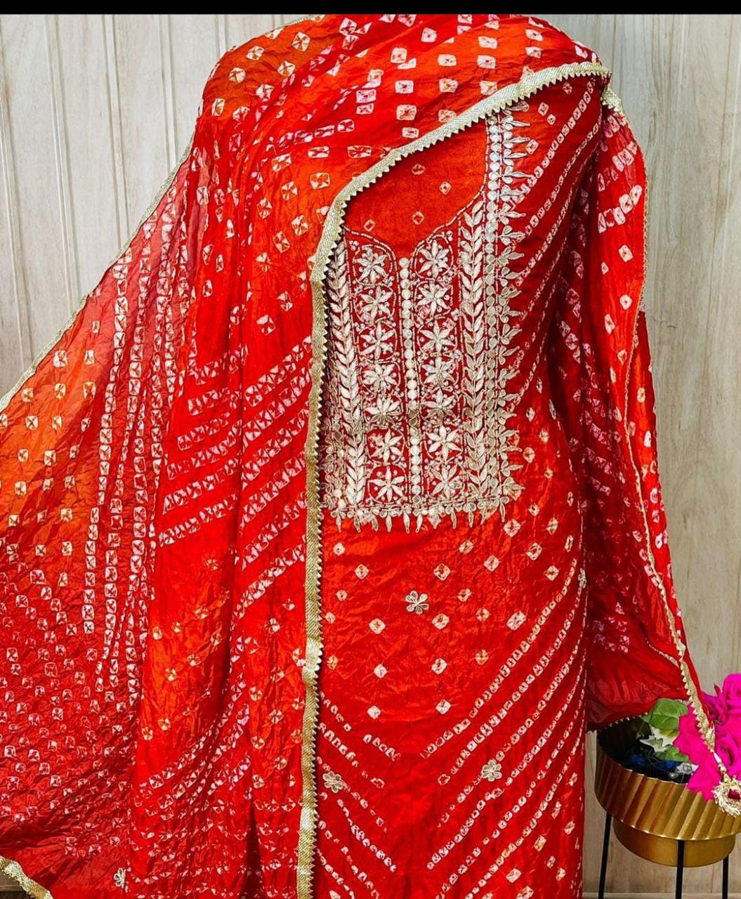 Bandhej silk Dress Materials with heavy hand goota Patti and Kundan work