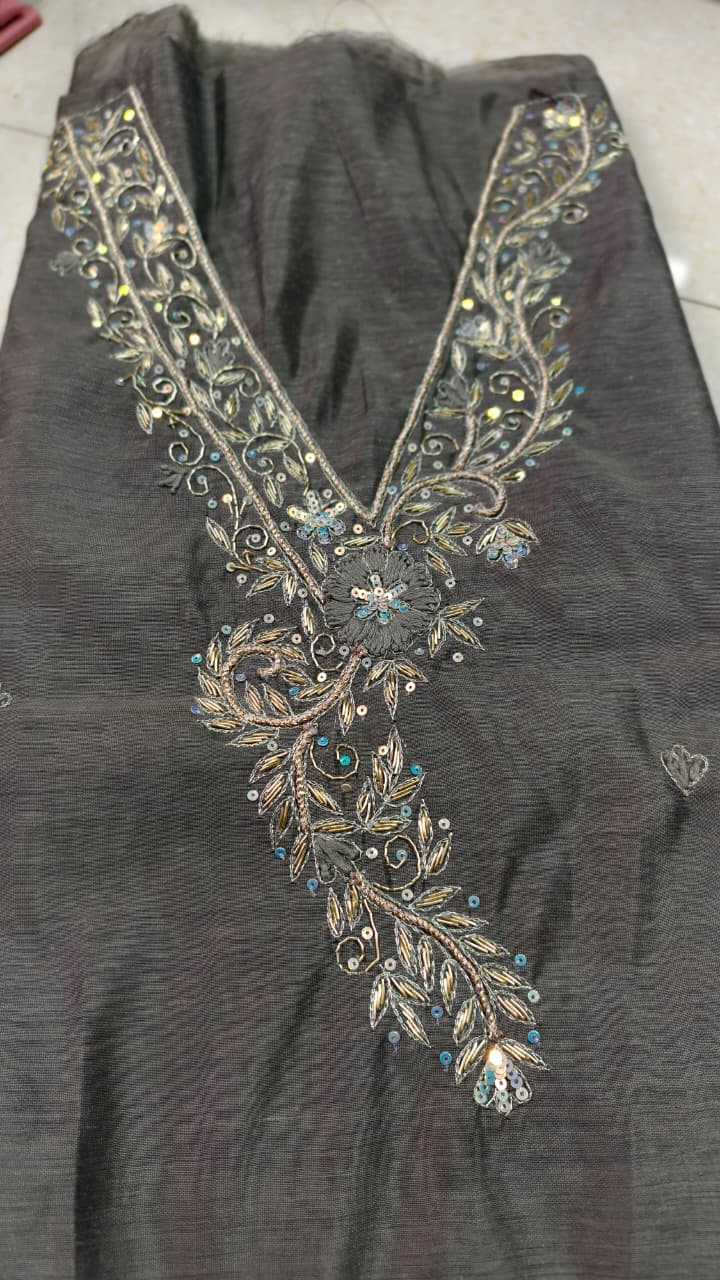 Pure original Chanderi silk hand original zardosi work kurti fabric