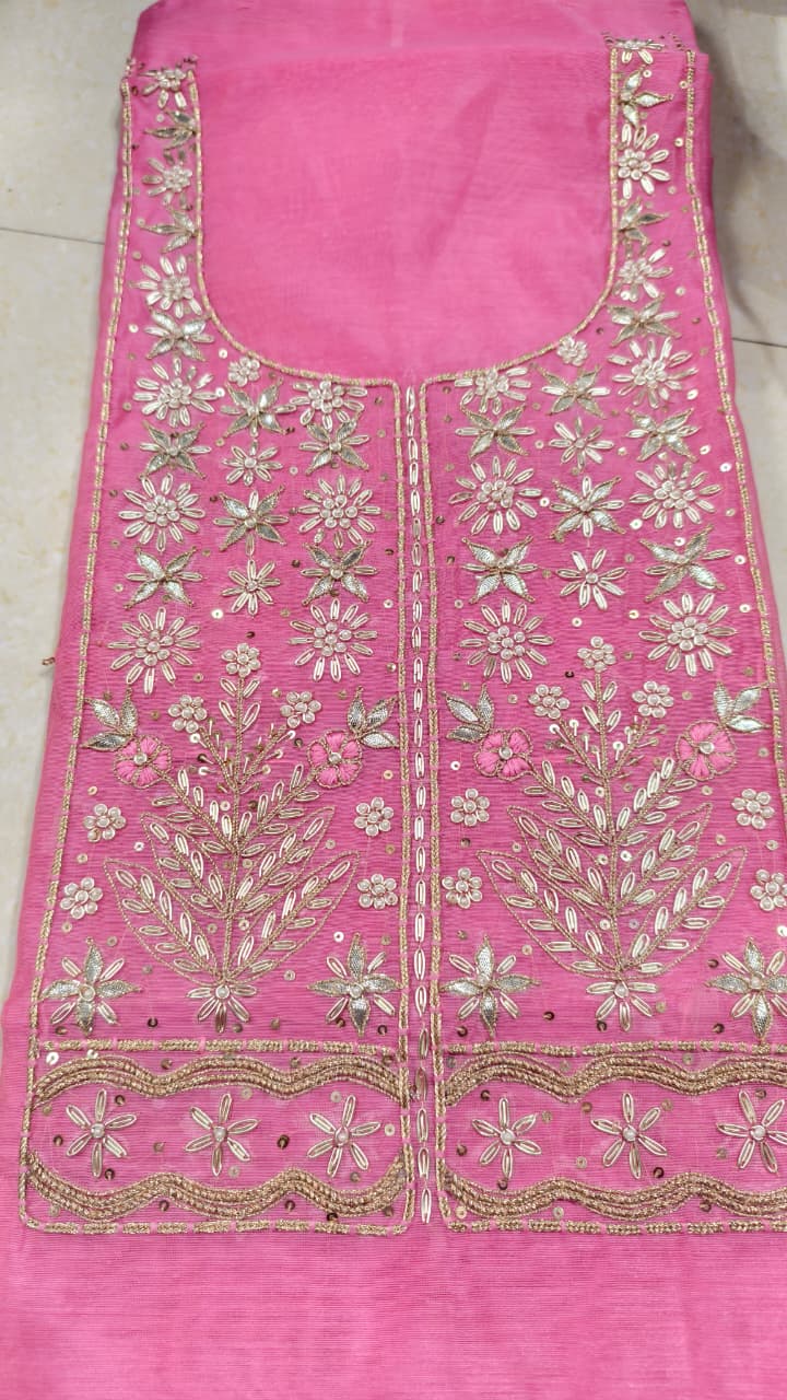 Pure original Chanderi silk hand original zardosi work kurti fabric