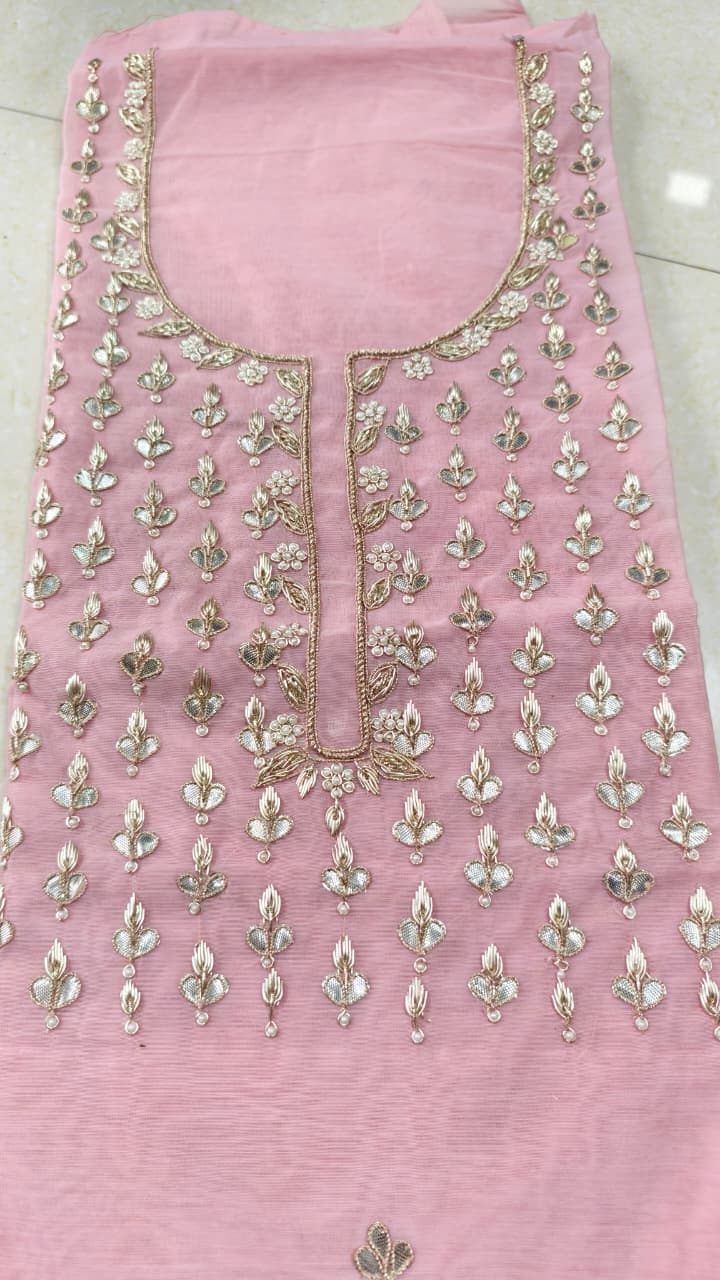 Pure original Chanderi silk hand original zardosi work kurti fabric