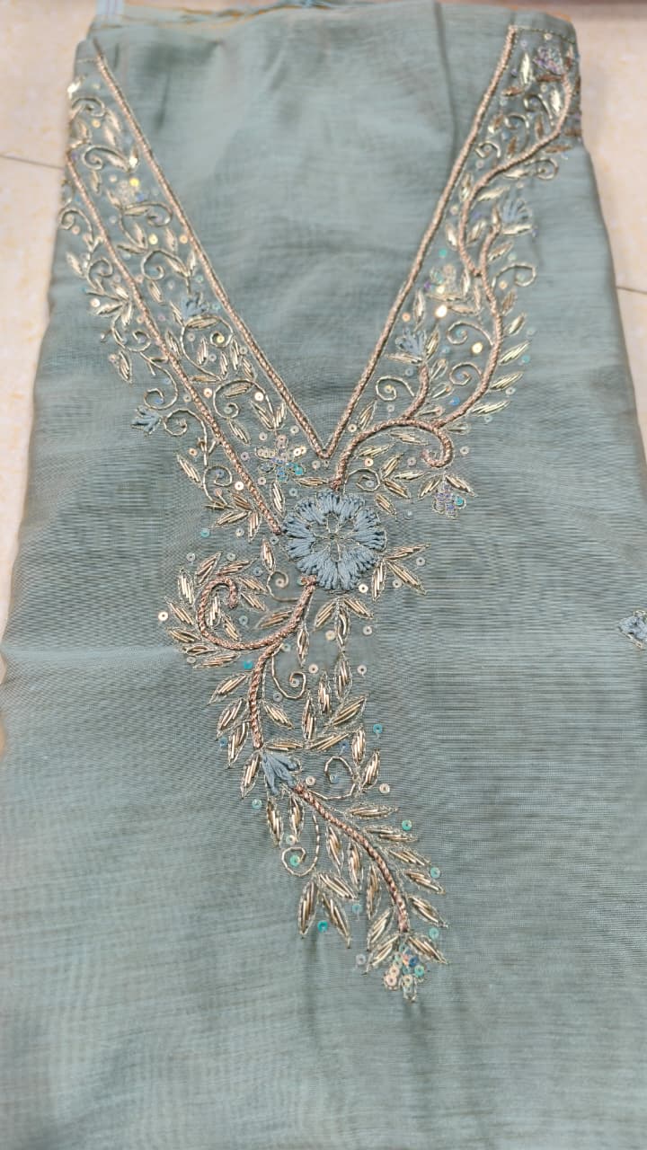 Pure original Chanderi silk hand original zardosi work kurti fabric