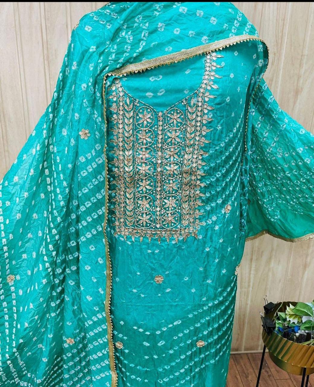Bandhej silk Dress Materials with heavy hand goota Patti and Kundan work