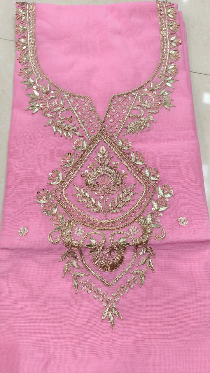 Pure original Chanderi silk hand original zardosi work kurti fabric