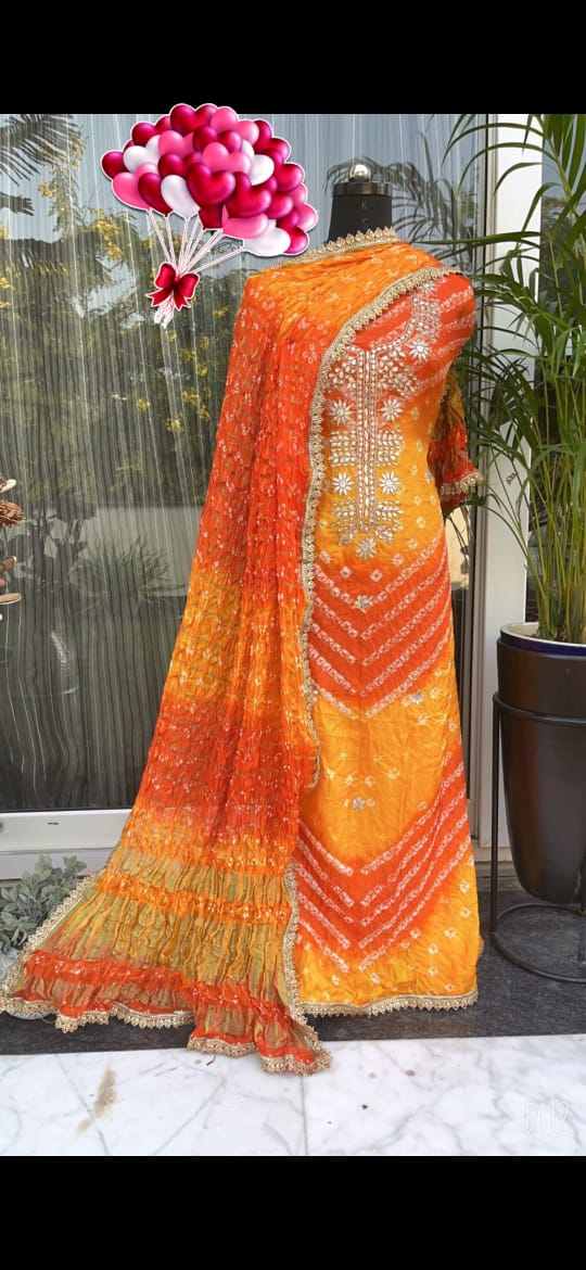 Bandhej silk Dress Materials with heavy hand goota Patti and Kundan work