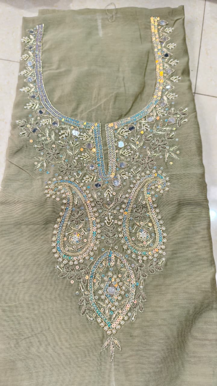 Pure original Chanderi silk hand original zardosi work kurti fabric