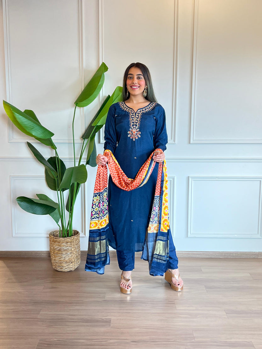 Kurta Pant Dupatta Set In Pure Premium Russian Silk 3 Piece Suit