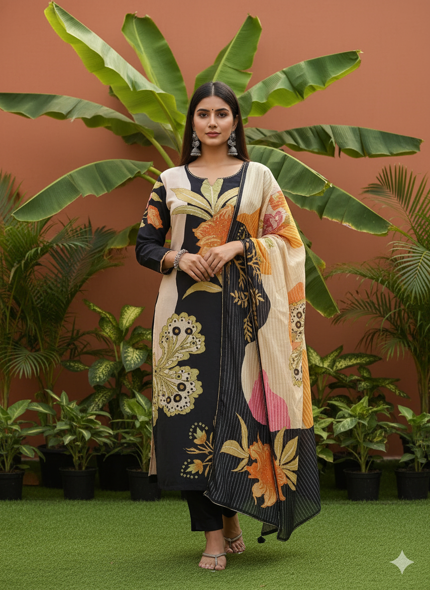 Pure Premium Maslin Three Piece Suit In Black and ivory colour