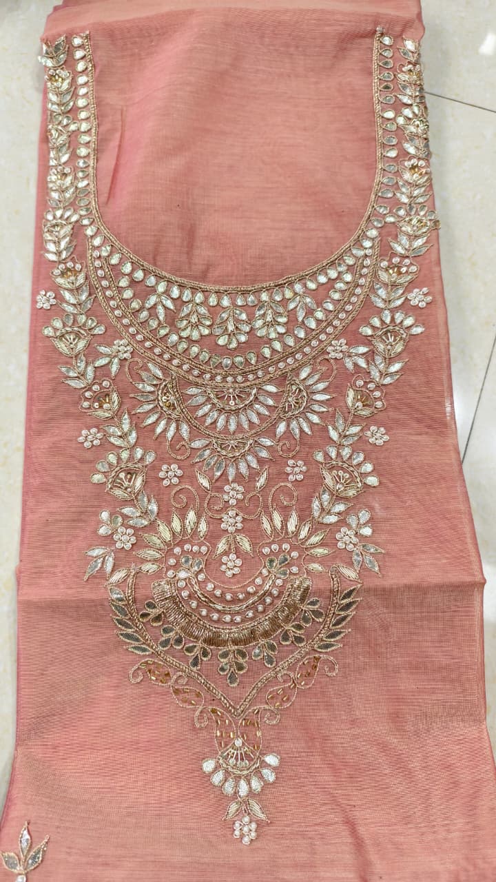 Pure original Chanderi silk hand original zardosi work kurti fabric