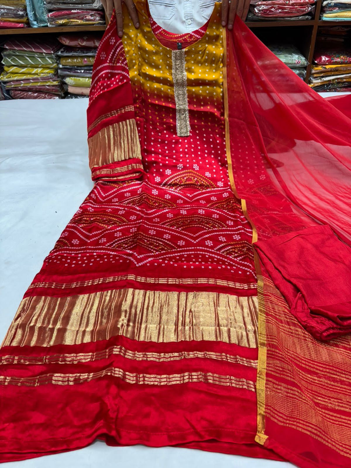 PURE Gajji SILK KURTI WITH EMBROIDERY LACE AND PANT WITH SILK DUPPATA