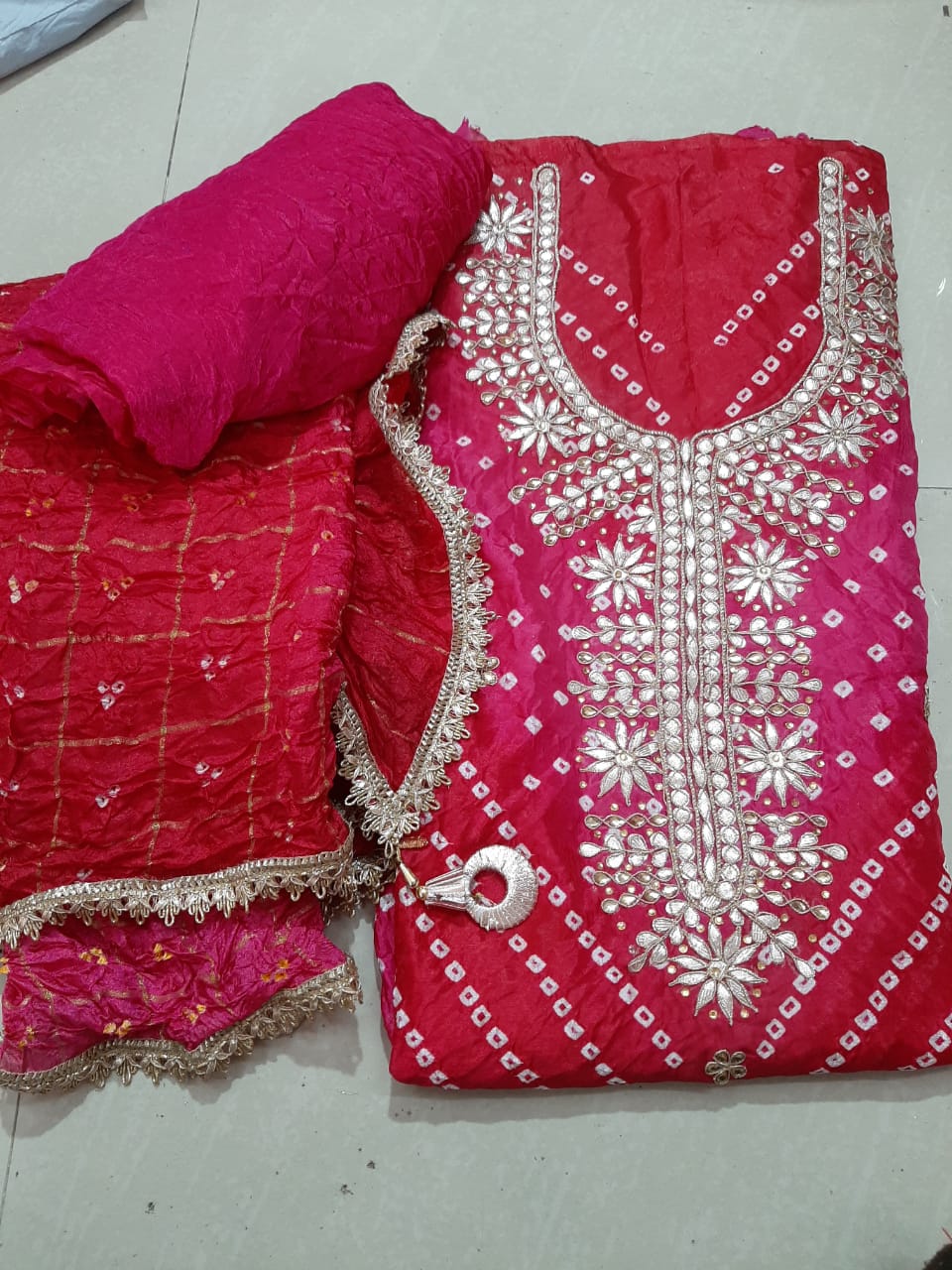 Bandhej silk Dress Materials with heavy hand goota Patti and Kundan work