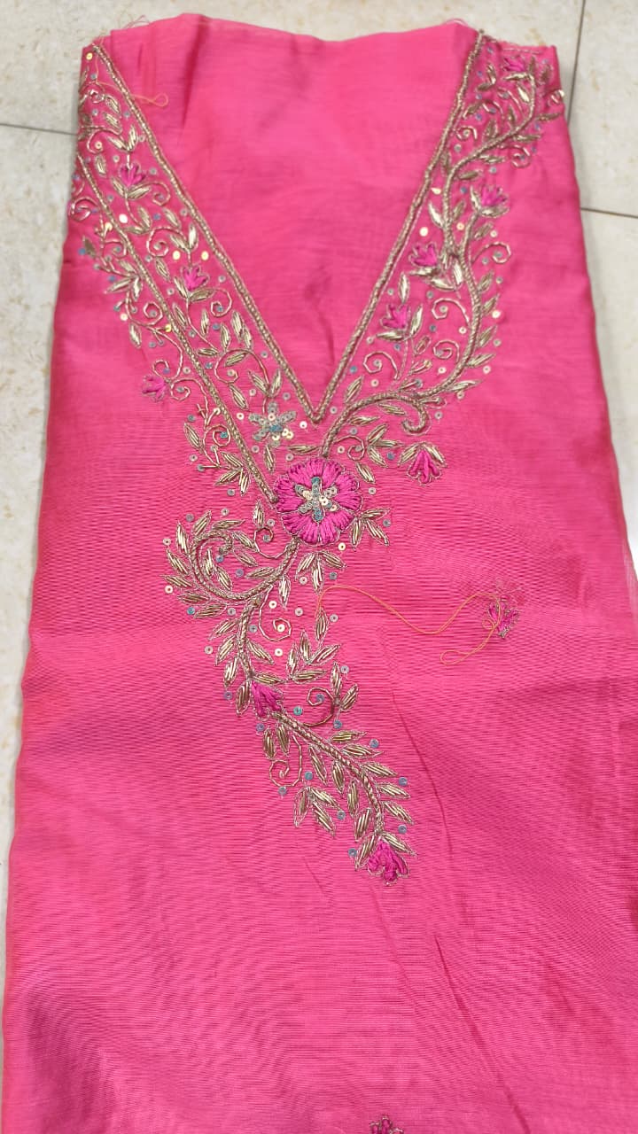 Pure original Chanderi silk hand original zardosi work kurti fabric